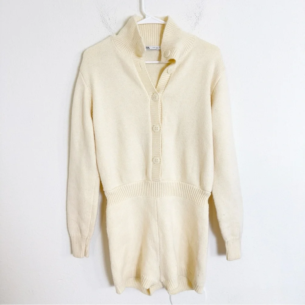 Zara Off-White Knit button front Long Sleeve Romper - Picture 3 of 6